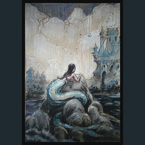 mermaid on the rock, looking at a distant castle