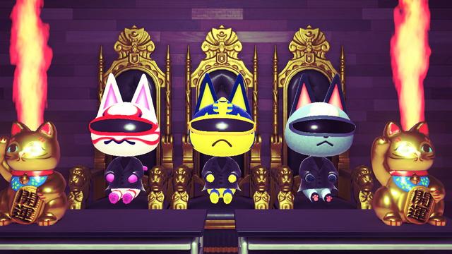 Animal Crossing: New Horizons screenshot. Image showing Kabuki, Ankha, and Raymond is cybershades and black long leather coat sitting on thrones with golden lucky cat statues on either side of them and flames coming up from behind the small golden Lucky cats. The trio of cats are judging you.