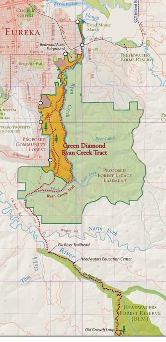 Map of proposed community forest, proposed conservation easement, and proposed trail to go through it all, some private land, and a BLM/CDFW land that turns 25 this year.