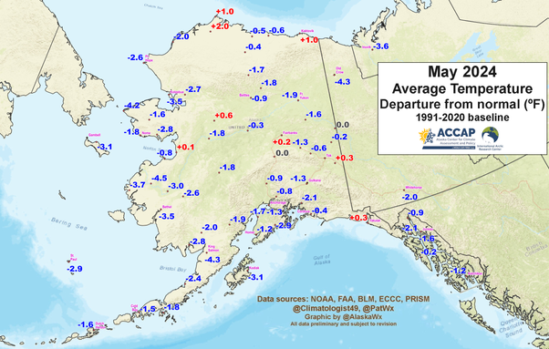 Map centered on Alaska showing site-specific May 2024 temperature departures from a 1991-2020 baseline normal. Most locations were at least a little below normal.