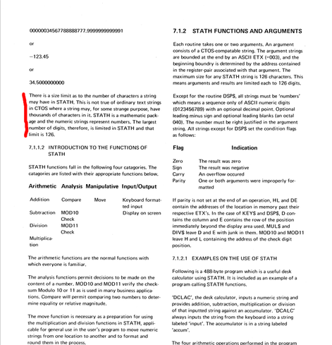 Sorry, the document isn't OCR'd. The page gives some examples of very long floating point numbers and explains the STATH maths library. See the next image for the highlighted paragraph.