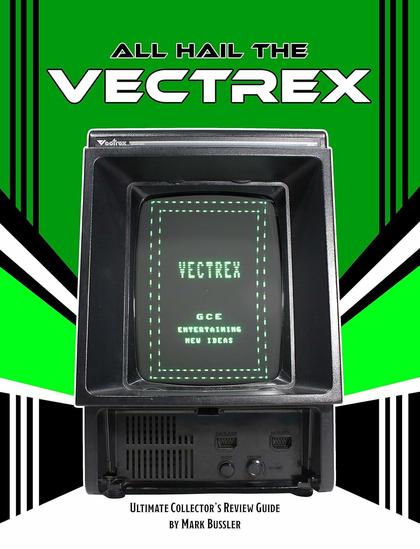 The image is the cover of a book titled "All Hail the Vectrex: Ultimate Collector’s Review Guide" by Mark Bussler. The cover features a prominent image of the Vectrex, which is a classic home video game console and one of the few that used vector display technology.

The Vectrex system is shown with its distinctive built-in screen displaying the words "VECTREX GCE ENTERTAINING NEW IDEAS," which could be the startup screen or a promotional message. Below the screen, the console's control panel with buttons and dials is visible, and there's an overlay around the screen, which was a unique feature of the Vectrex, allowing for colored visuals on its monochrome display.

The background of the cover is a striking green with vertical stripes, which grabs attention and gives a retro vibe, fitting for a book about a vintage gaming system. The title "ALL HAIL THE VECTREX" is written in large, bold letters at the top, emphasizing the reverence and importance the author places on the Vectrex.