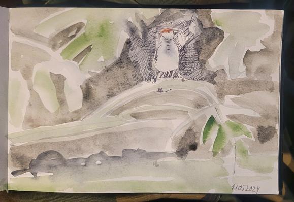 Aquarellskizze im Skizzenbuch, Details um den Vogel mit der Zeichenfeder hervorgehoben: der Hintergrund aus Zweigen und Blättern ist locker mit dickem Pinsel in grau und grün getuscht, darin ein kleiner Vogel auf einem Zweig,  von vorne gesehen,  er hält ein Insekt mit langen Flügeln im Schnabel.