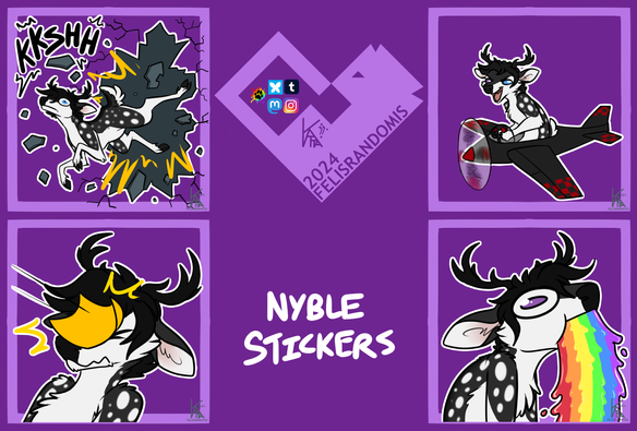 digital art of a deer character made for telegram stickers. Crashing through a wall, slapped in the face with cheese, throwing up a rainbow, flying a black and red plane with determined expression.