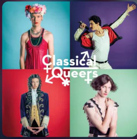 Logo van de podcast bestaand uit vier  gekleurde tegels met elk een afbeeldingen van een witte persoon (vermoedelijk Johannes Wirix-Speetjens) verkleed als een van vier (classical) pride iconen. In het midden de titel van de podcast: Classical Queers.