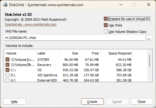 Screenshot of Disc2vhd, with my main C: drive highlighted, ready to dump a vhdx image of my Windows installation.