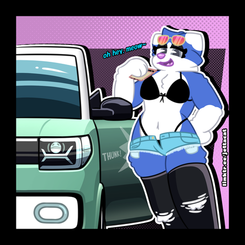 Jetta, a blue and white cat, wears a bikini, short shorts, tinted sunglasses, and leggings, holding a phone and closing a car door with their hip, exclaiming "oh hey, meow~"