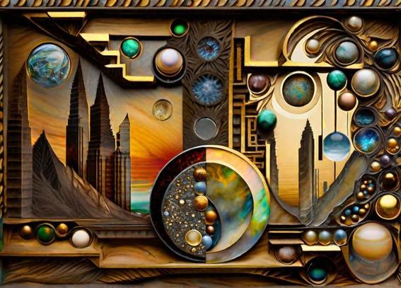 An arrangement of world spheres and cosmic elements framing a futuristic cityscape in a metallic, surreal landscape. Abstract realism.