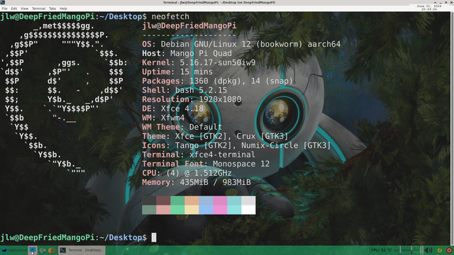 Desktop screenshot set -up with XFCE running Debian on a Mango Pi Quad SBS