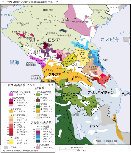ウィキペディアにあったオセチアの民族分布図。28の民族と、「その他」1つ。