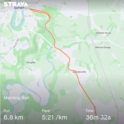 Map of the area between Bowburn and Durham showing a running route.