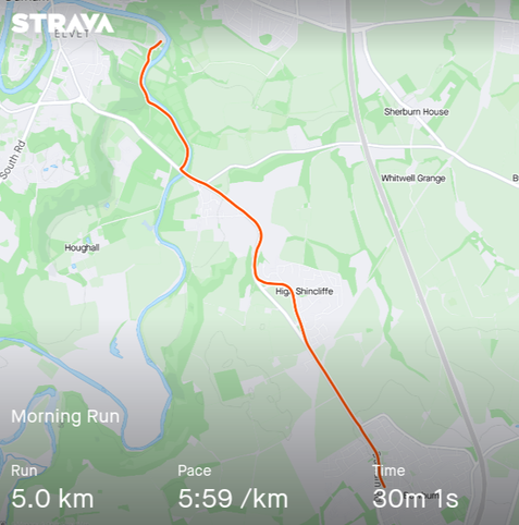 Map of the area between Bowburn and Durham showing a running route.