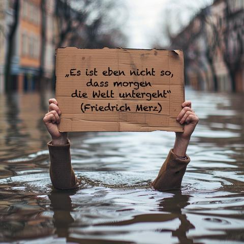 K.I.-generiertes Bild: Szenerie einer überfluteten Stadt, die im Hintergrund nur noch undeutlich zu sehen ist. Im Vordergrund Fokus auf die aus dem Wasser emporgereckten Arme einer Person, die ansonsten komplett unter Wasser befindet. In ihren beiden Händen hält sie ein Schild aus Wellpappe. Darauf in Handschrift (Photoshop) der Text: »›Es ist eben nicht so, dass morgen die Welt untergeht.‹ (Friedrich Merz)«