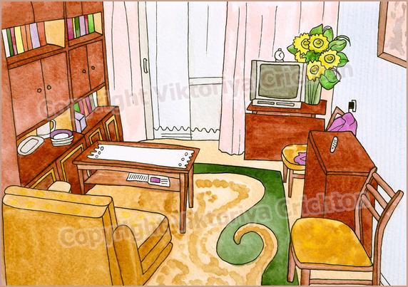 Sketch interior illustration 5. Living Room, naive art. Watercolor and liner. Naive perspective, sketchbook.