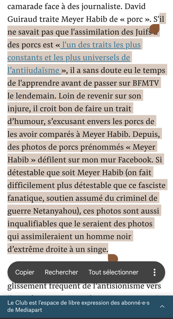 Plus tard, Meyer Habib prend à partie David Guiraud qui défend son camarade face à des journaliste. David Guiraud traite Meyer Habib de « porc ». S'il ne savait pas que l'assimilation des Juifs à des porcs est « l'un des traits les plus constants et les plus universels de l’antijudaïsme », il a sans doute eu le temps de l'apprendre avant de passer sur BFMTV le lendemain. Loin de revenir sur son injure, il croit bon de faire un trait d’humour, s’excusant envers les porcs de les avoir comparés à Meyer Habib. Depuis, des photos de porcs prénommés « Meyer Habib » défilent sur mon mur Facebook. Si détestable que soit Meyer Habib (on fait difficilement plus détestable que ce fasciste fanatique, soutien assumé du criminel de guerre Netanyahou), ces photos sont aussi inqualifiables que le seraient des photos qui assimileraient un homme noir d’extrême droite à un singe.