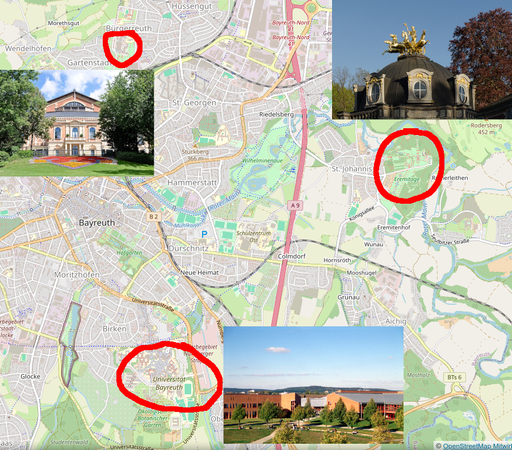 Stadtplan von Bayreuth mit eingefügten Fotos des Festspielhauses, des "Sonnentempels" und der Universität. Man erkennt auch den Verlauf des Roten Mains in der Mitte der Landkarte.