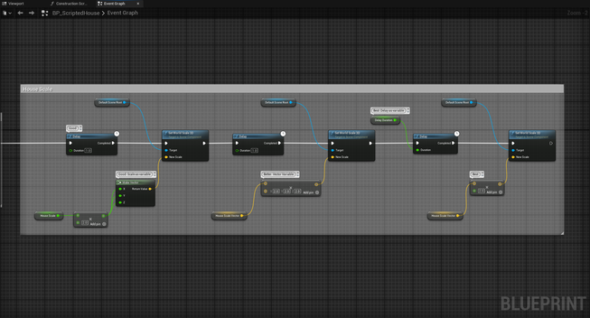 Different ways to set up scaling the size of a static mesh with visual scripting