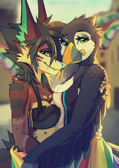 Cute artwork of a feminine looking anthro Zennekin (a closed species of mine) and a female puffin standing very close to each other. The Zennekin is wearing a tight sports bra with non-binary flag stripes and the puffin is wearing a tight top in trans flag colors.
They both wrapped a rainbow flag around their waists.
It looks like as if the entire town was in pride month mood, as you can see some pride flags in the background waving in the wind.