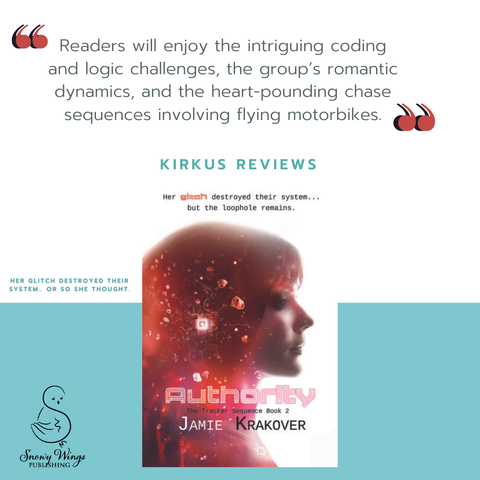 Image: Authority book cover on a blue and white background.

Quote: "Readers will enjoy the intriguing coding and logic challenges, the group’s romantic dynamics, and the heart-pounding chase sequences involving flying motorbikes." ~ Kirkus Reviews