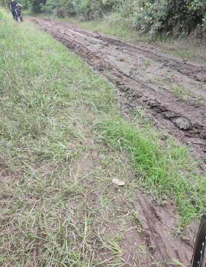 Mit Schlamm, Morast und sonstigen Ungemütlichkeiten überdeckter Radweg zwischen Bous und Fraulautern, Rechts der Saar.

Vorne schiebt Skrolan3 ihr E-Bike durch den Morast