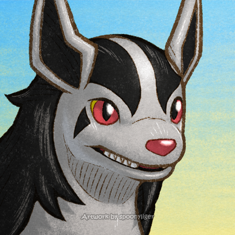 Digitally hand-drawn mugshot artwork of a Mightyena Pokémon facing forward towards the right side of the image at a 3/4 angle with a smiling facial expression, on a blue-to-yellow gradient background.