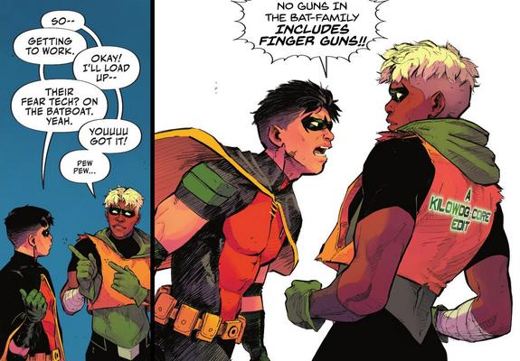 Two comic panels. In the first Tim Drake, the third Robin, is talking to Conner Hawke, the son of Green Arrow. Conner Hawk is being awkward. He says, "So--" Tim says, "Getting to work." Conner says, "Okay! I'll load up--" Tim interrupts, "Their fear tech? On the batboat. Yeah." Conner says, "Youuuu got it!" He makes finger guns at Tim and says, "Pew pew..." The next panel has Tim shouting at Conner. Tim shouts, "No guns in the Bat-Family includes finger guns!!" A caption reads, "A Kilowog-core Edit".