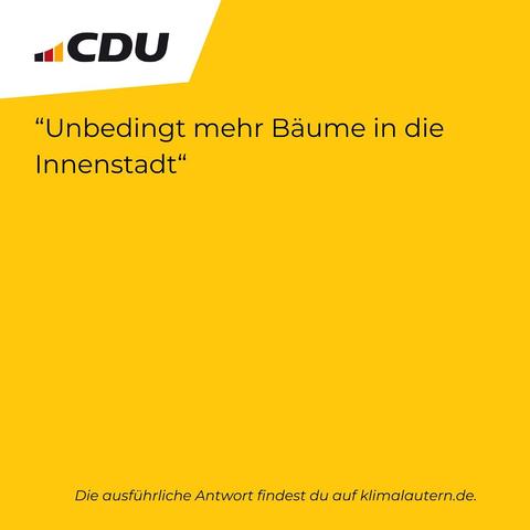 CDU
“Unbedingt mehr Bäume in die Innenstadt”
Ausführliche Antwort https://klimalautern.de/klima-wahlpruefsteine/
