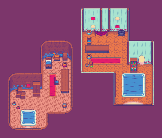 Pixelart displaying the indoors for the Nearby Village tileset pack. On the left one can see a house build of brown bricks with blue accents running through all the walls. The accents are geometric patterns. Inside this house there is a bronze stove, a bed, chair, table, a couple of boxes, vases and a wardrobe. A blue carpet is on the entrance with a red carpet just under the chair. On the right one can see the insides of a tent. There is a big blue carpet on the entrance, the floor is dirt, there is a cauldron just besides a hammock and some basic appliances.
