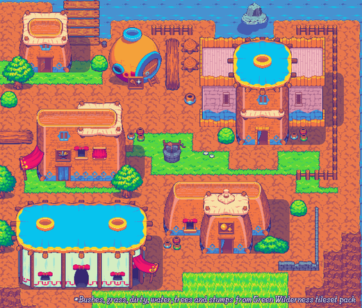 Outdoors of a village showcasing the usage of the Nearby Village tileset pack. The village has many colourful buildings of different shapes and sizes, including a perfectly round yellow house with red accents. There is a big tent on the bottom left with multiple entrances. The other buildings are a mix between orange brick buildings and rosé brick buildings. The scene is very vibrant and colourful and deviates from the default european medieval village usually seen on JRPGs.