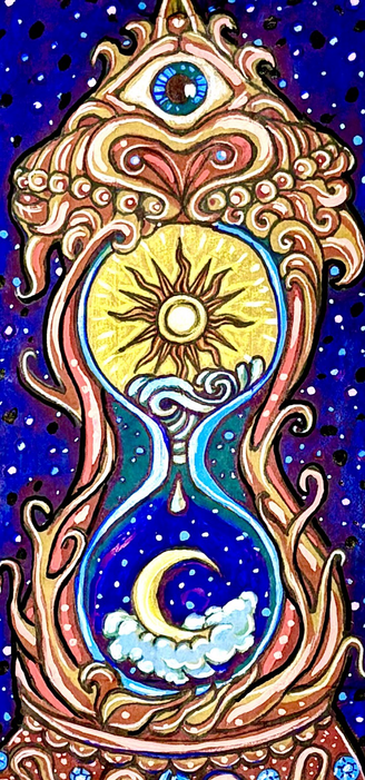 Illustration of an hour glass with the sun and water on top and the moon and clouds on the bottom on a brown paper bag