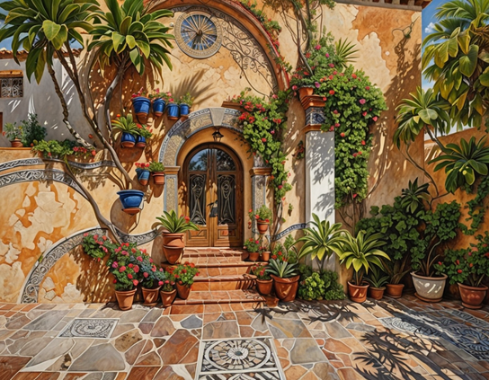 Arched entrance to a stone building, viewed from a tiled patio, with vines and potted plants, including several striking shiny metallic blue pots hanging on the wall, planted with kitchen herbs.