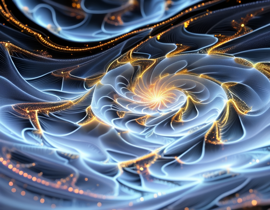 Energy view of what normally looks like empty space, showing fractal fields and bright glowing lights arranged in string formations.