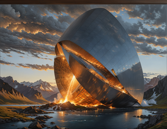 Construction of a large metallic structure, of a curved design, silver outside and heated metal inside, from alien plans, possibly a space or time ship, with the visible glow of welding.