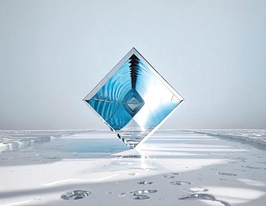 Blue and silver diamond-shaped device, balancing on one corner in an icy landscape with a misty light blue background,  with internal pulsating ripples indicating it is transmitting..