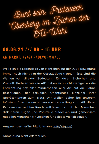 Einladung zum Stand auf dem Marktplatz zum Thema: bunt sein. Pride Week Oberberg im Zeichen der EU wahl. 08.06.2024 um 9:00 bis 15:00