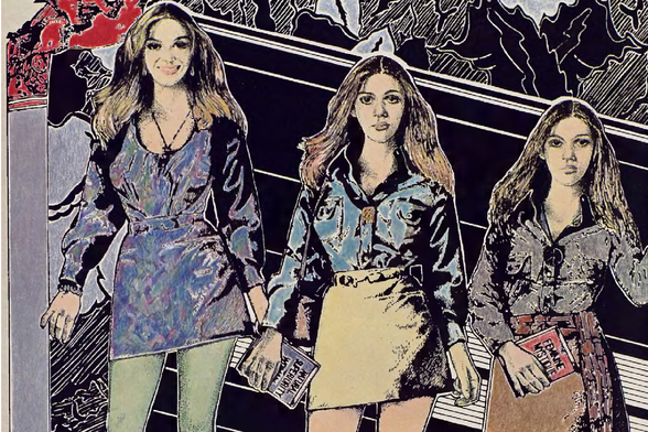 1970 The Three Girls

"A painting of three women posing confidently in front of a wall with a patterned design.
They are wearing fashionable clothes from the 1970s, and each girl has a distinct hairstyle and accessory."