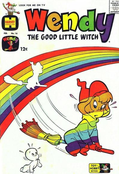 Wendy flys through a rainbow and becomes colorful.