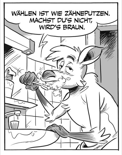 Eine Comiczeichnung in schwarz-weiß. Ein Känguru steht im Bad vor dem Waschbecken und putzt seine Zähne. Es hat viel Schaum vorm Mund und schaut den Betrachtenden mit müden Blick an.