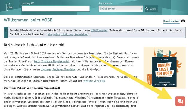 Screenshot der VÖBB Webseite mit neuem Chat-Icon.