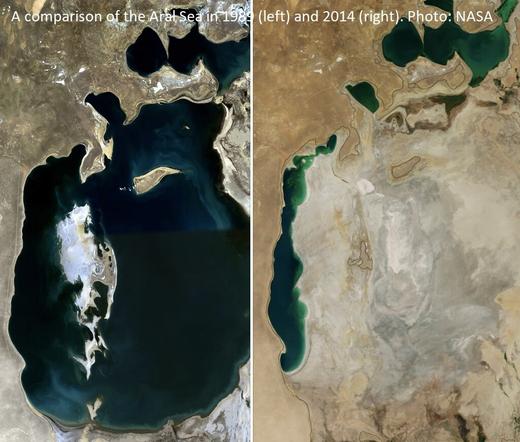 NASA aerial images - a comparison of the Aral Sea areal extent, 1989 and 2014