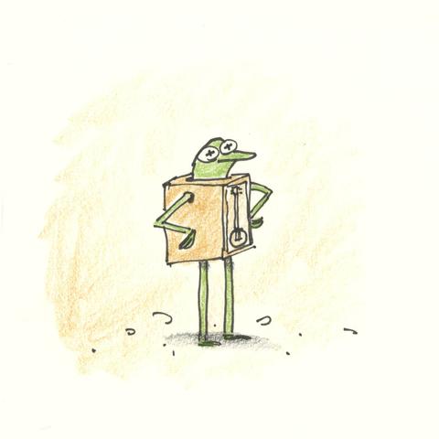 A cartoon illustration of Kermit the Frog wearing a banjo box like a boxtroll.