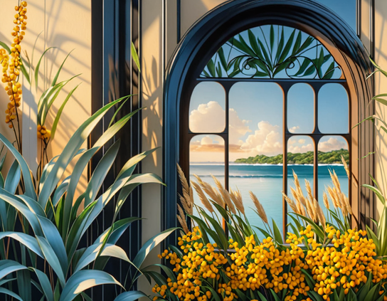 Window view of a coastal landscape with blue sea, tropical plants, and yellow flowers on a sunny day. AI impressionism style.