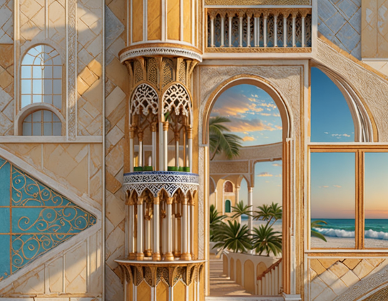 Ornate architecture with golden accents and intricate patterns, with arched windows opening to an alternate seaside reality.