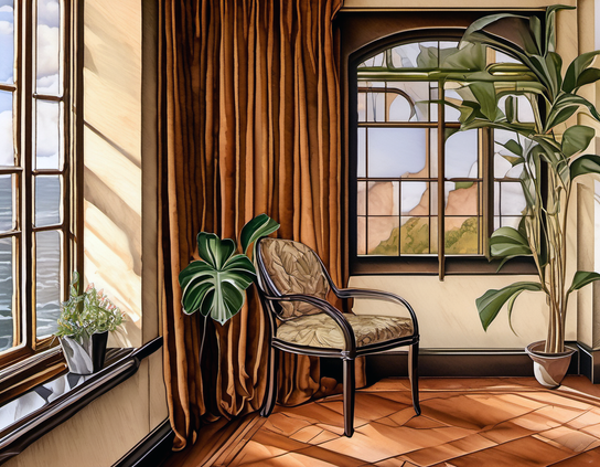 Cozy waiting room corner with large-leaf potted plants, big windows with ocean view, and orange curtains. AI impressionism.
