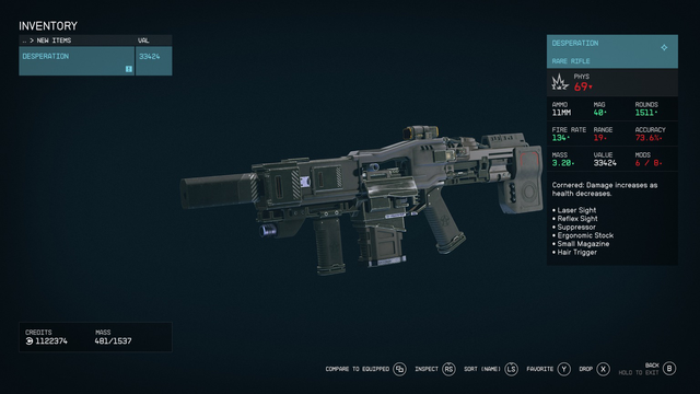 Starfield: detail view of “Desperation”, the appropriately-named grand prize rifle for the Red Mile
