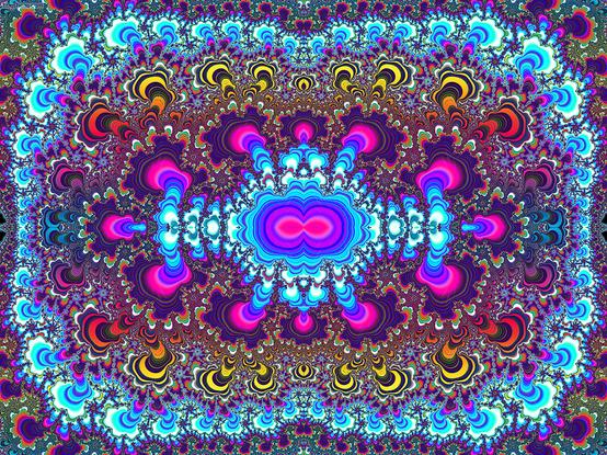 Blob-like 4 part symmetry fractal image in blue, purple, red and yellow