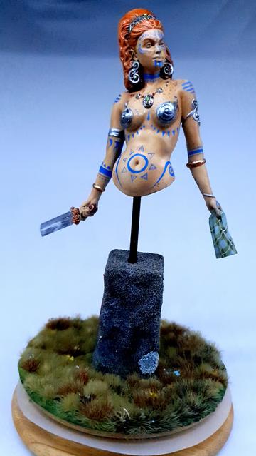 Front on photo (from 12 o'clock position) of a bust, painted up as Boudicca. The bust is from the pelvic crease/hips upwards, and is pole mounted on a stone "megalith" in a field of tussock grasses. In her left hand is the start of a cloth, painted as green tartan. In her right is a gladius. Both are cut away.

She's red haired, and pale skin, with freckles. On her arms are a few silver bangles and gold torcs (hiding the join seams), and she has silver/iron bust armour, that is presumably attached with the iron age equivalent of super glue, as there's no other attachments visible. It also protects nothing but "her dignity", so there's very little armour value to it.

Her skin is covered in bright blue patterns and swirls, in a very Hollywood woad colour and set of designs.
