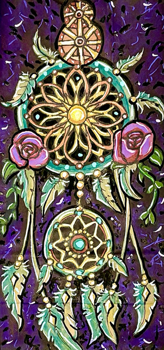 Blue and yellow dream catcher with blue and green feathers and two roses drawn on a brown paper bag
