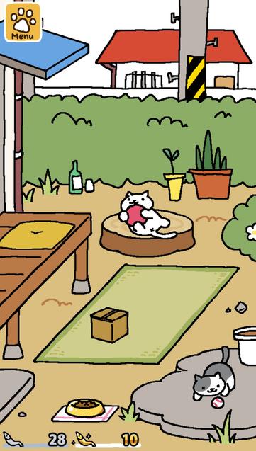 neko atsume yard showing two cats playing with placed toys