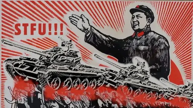 chinese propaganda poster shows oversized dengxiapping raising hand

the masses showing the red book walking below him walking in the pointed direction

here, 3 tanks are rolling over the masses
